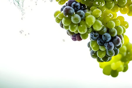 Bunch of green and black grapes falling into water with splash on white backgroundの素材