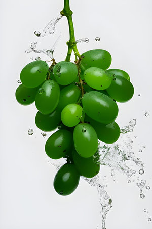 Green grapes with water splash, isolated on white background. Close up.の素材