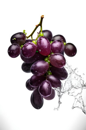 Bunch of black grapes with water splash isolated on white background.の素材