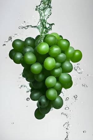Green grapes with water splash isolated on white background. 3d illustrationの素材