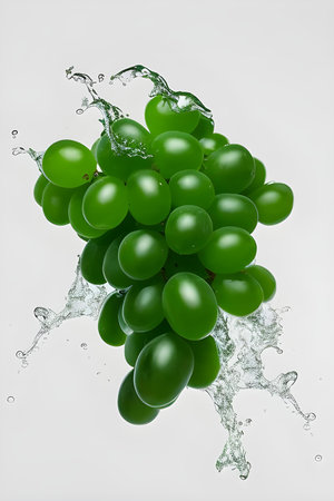 Green grapes with water splash isolated on white background. 3d illustrationの素材