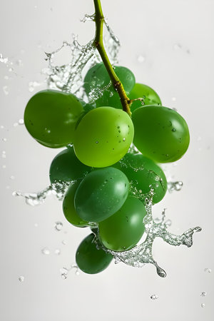 Green grapes with water splash isolated on white background. Closeup.の素材