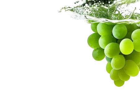 Green grapes falling into water with splash on white background. Copy spaceの素材