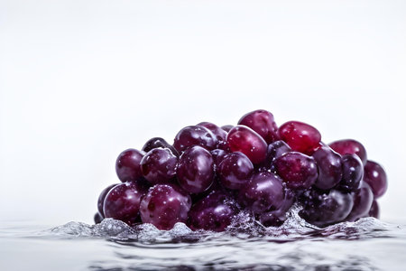 Bunch of red grapes falling into water with splash on white backgroundの素材