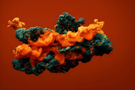 Abstract ink in water isolated on orange background. Colorful ink in water.の素材