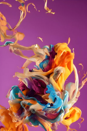 Colorful paint splashes isolated on purple background. Abstract background.の素材