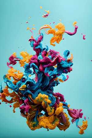 Colored ink splashes in water isolated on blue background. Abstract backgroundの素材