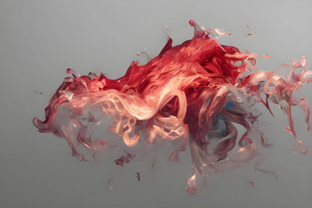 Splash of red paint isolated on gray background. Abstract background.の素材