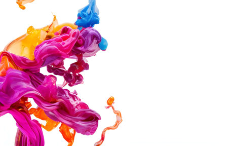 Colorful paint splashing isolated on white background. Copy space.の素材