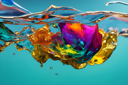 Colorful splashes and drops of water on a blue background.の素材