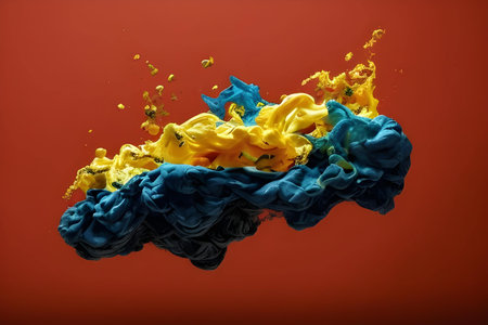Colored ink splashes in water isolated on a red background.の素材