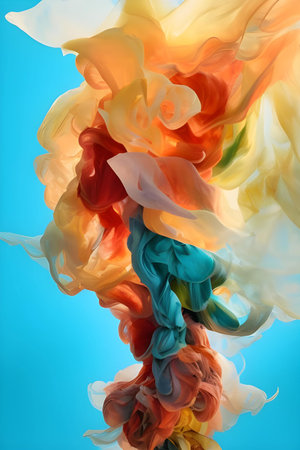 abstract background of colored liquid ink in water on a blue backgroundの素材