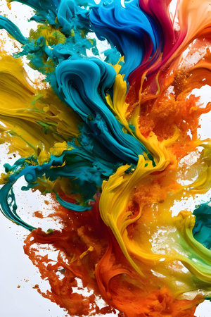 Abstract background of multicolored acrylic paint splashes on white backgroundの素材