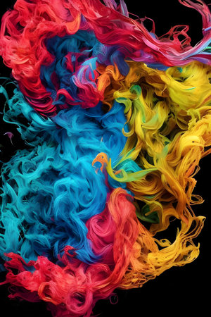 Colorful abstract background of acrylic paint in the form of waves on a black backgroundの素材