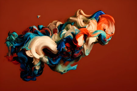 Colorful paint splashes isolated on red background. Abstract background.の素材