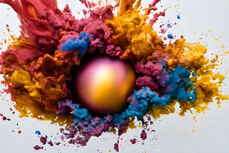 Colorful paint splashes and spheres on white background. Abstract backgroundの素材