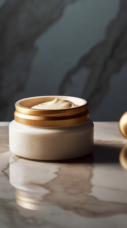 Cosmetic cream jar with golden lidle table, closeupの素材