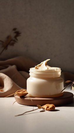 cosmetic cream in a jar with nuts on a beige backgroundの素材