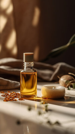 Aromatherapy oil in a glass bottle on a white bathの素材