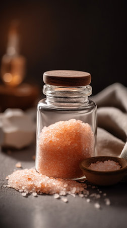 Pink himalayan salt in a glass jar. Spa still lifeの素材