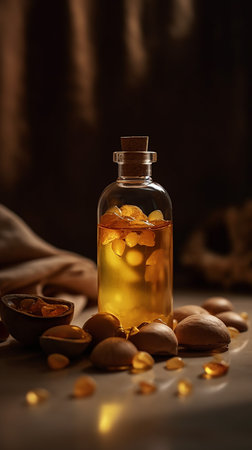 Aromatherapy oil in a glass bottle on a wooden backgroundの素材