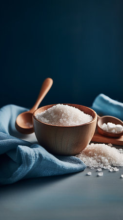 Sea salt in wooden bowl and spoon on blue table, closeupの素材