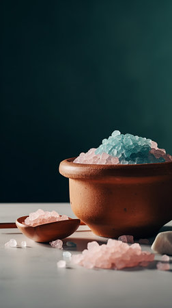 Spa still life with sea salt in a clay pot on a wooden tableの素材