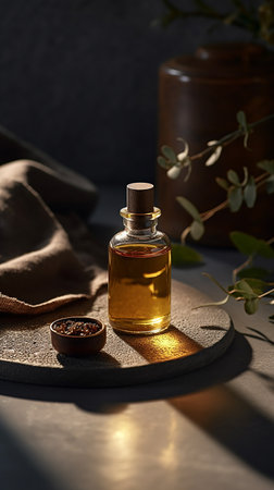 Aromatherapy oil in a glass bottle on a dark backgroundの素材