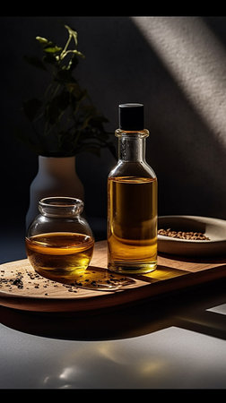 Essential oil in a glass bottle on a wooden stand. Black background.の素材