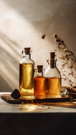 Spa still life with essential oil in bottles on a wooden tableの素材