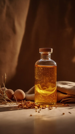 Aromatherapy oil in a glass bottle on a brown backgroundの素材