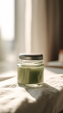 Jar of natural matcha tea on table in bedroom, closeupの素材