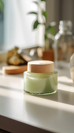 Jar with body cream on table in bathroom, closeup. beauty treatmentの素材