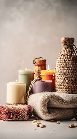 Spa still life with candles and towels on gray background, copy spaceの素材