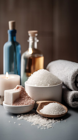 Spa still life with sea salt, candles and towels on dark backgroundの素材