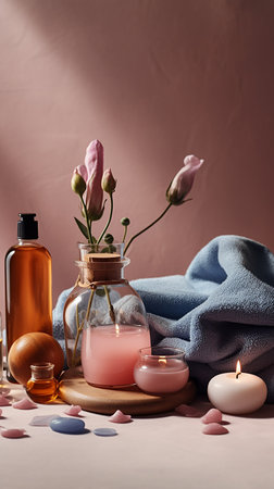 Spa still life with candles, towel and aroma oil in glass bottlesの素材