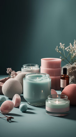 Spa still life with candles, sea salt, soap and flowersの素材