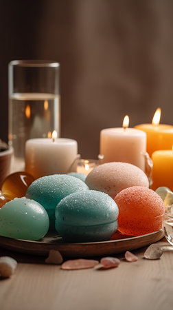 Spa still life with aromatic bath bombs and candles on wooden backgroundの素材