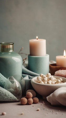 Spa still life with sea salt, candles and towel on gray backgroundの素材