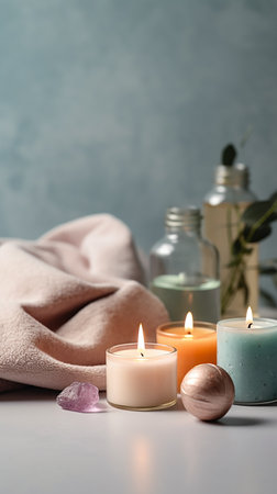 Spa still life with burning candles and towel on table against color backgroundの素材