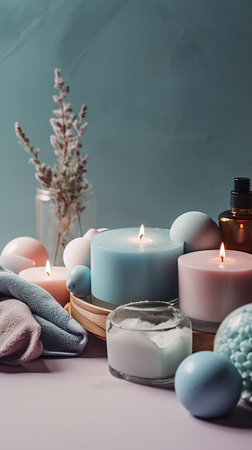 Spa still life with candles, sea salt and towels on pink backgroundの素材