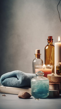 Spa still life with towels, sea salt and candles on a gray backgroundの素材