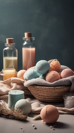 Spa still life with bath bombs and bath salt on wooden tableの素材