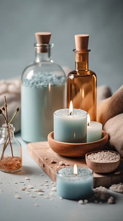Spa still life with aromatic candles and sea salt on light backgroundの素材