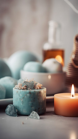 Spa still life with blue bath bombs, candles, sea salt and stonesの素材