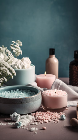 Spa still life with sea salt, candles and flowers on blue backgroundの素材
