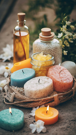 Spa still life with candles, sea salt, soap and flowersの素材