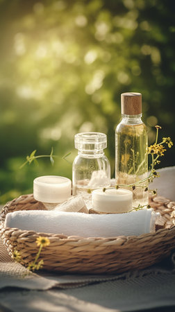 Spa still life with aromatic oils and candles in a wicker basketの素材