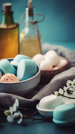 Spa still life with bath bombs and bath salt on blue backgroundの素材