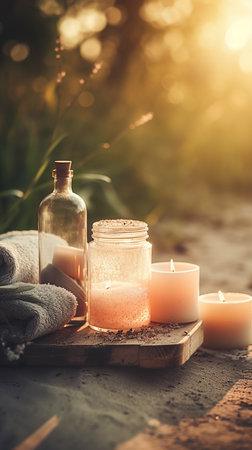 Spa still life with candles, towel and oil on the beachの素材